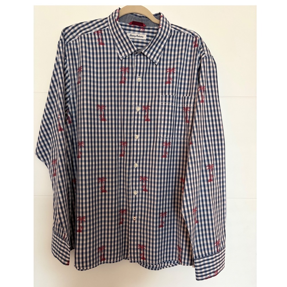 Tommy Bahama Mens XL Gingham Palm Tree Embroidered Long Sleeve Shirt Tropical